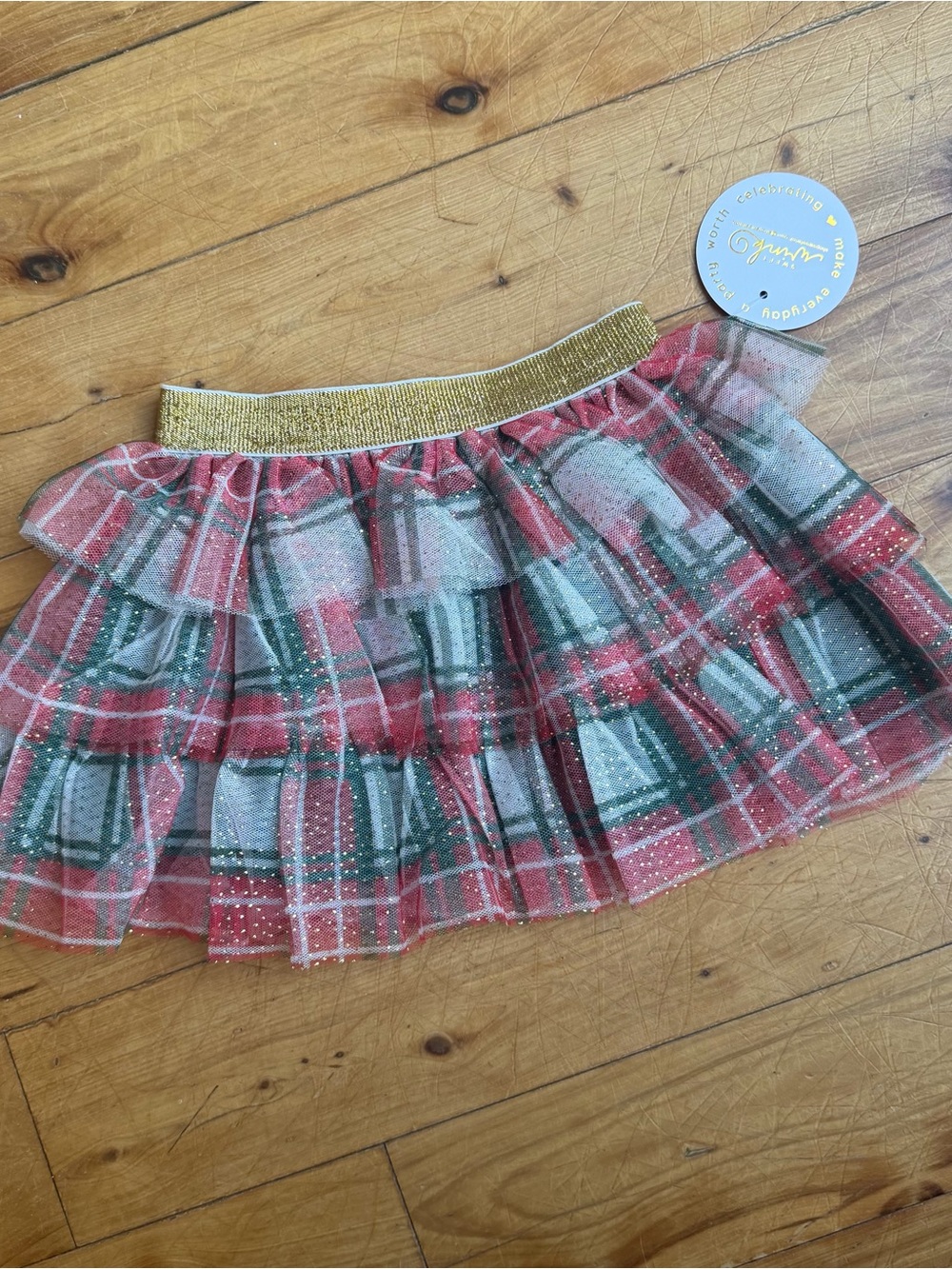 Plaid Tulle Ruffle Skirt with Gold Waistband